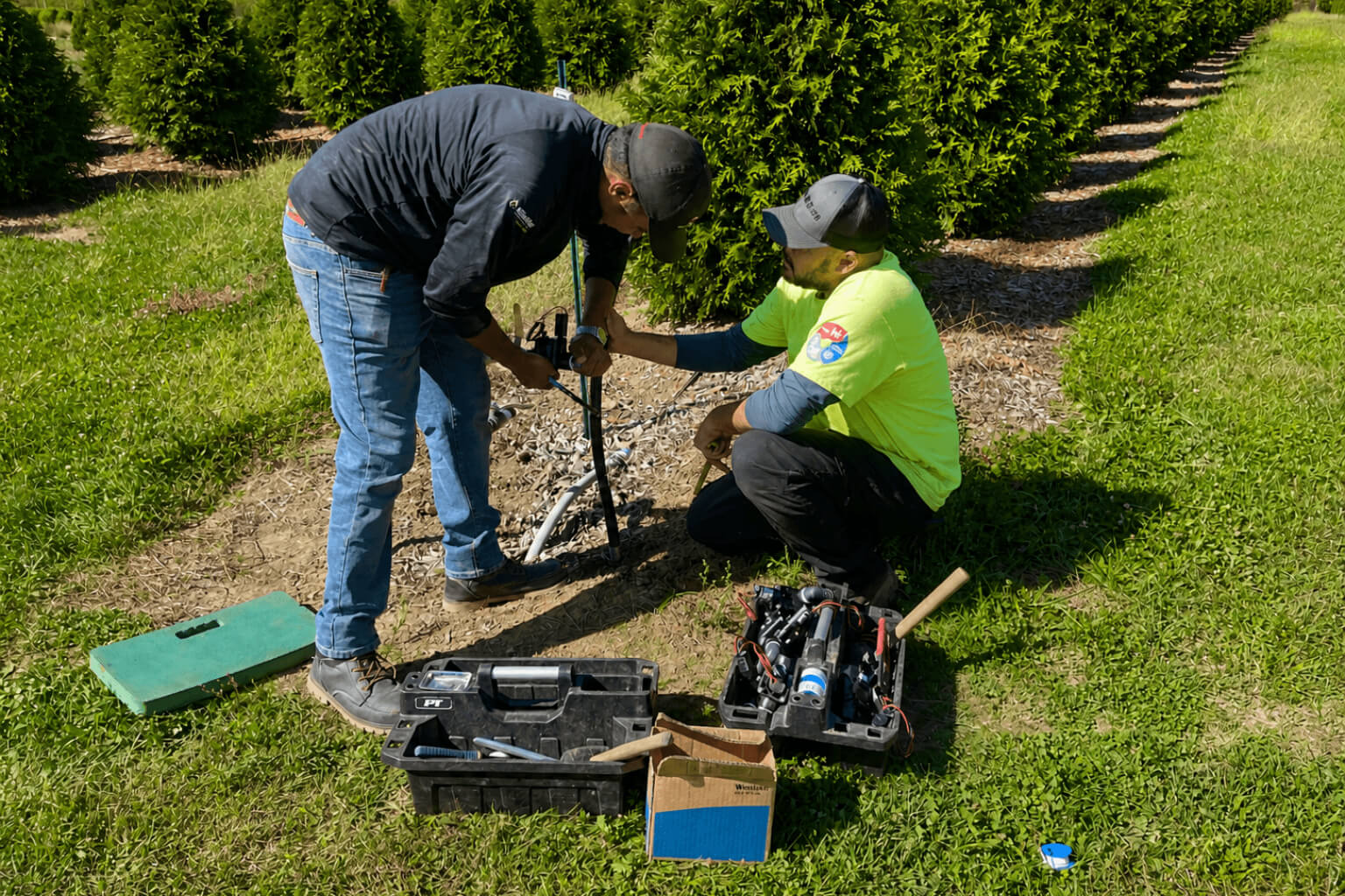 Worker adjusting irrigation system to water plants efficiently