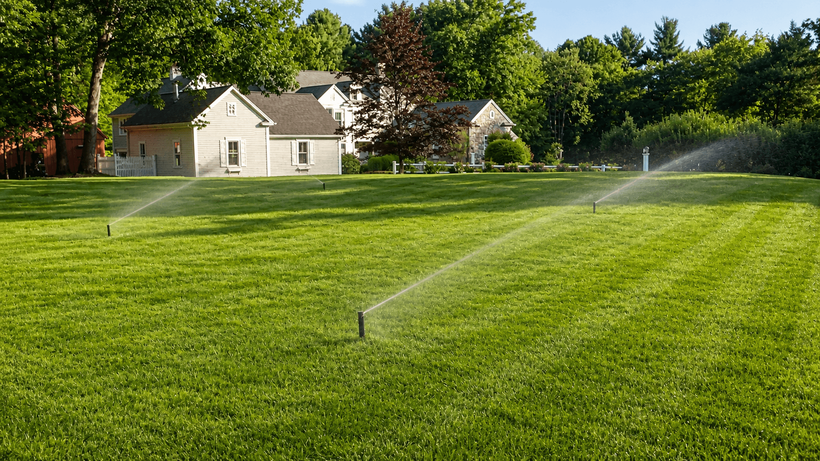 Large scale irrigation system watering commercial property lawn and plants